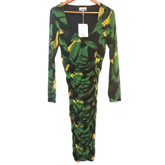 NWT GANNI Ruched Tropical Print Stretch-Mesh Midi Dress Sz. 8 - Picture 3 of 6